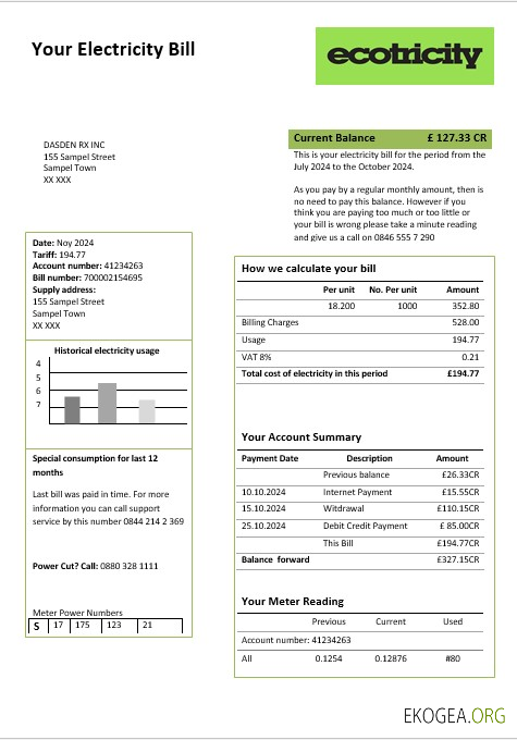 Modèle de facture de services publics d'électricité d'Ecotricity au Royaume Uni aux formats Word et PDF